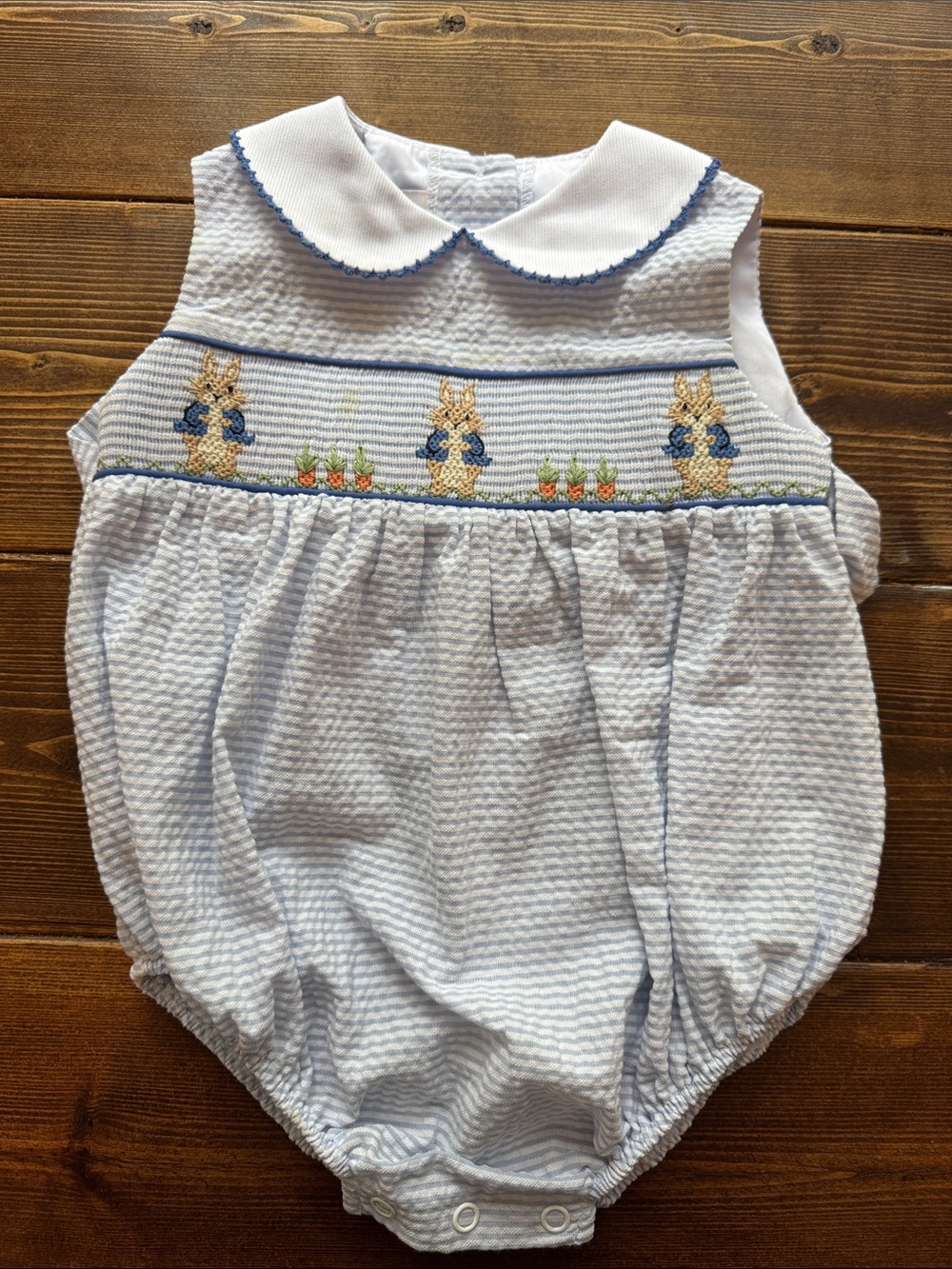 Light Blue Smocked Bunny Baby Bubble Romper with Peter Pan Collar